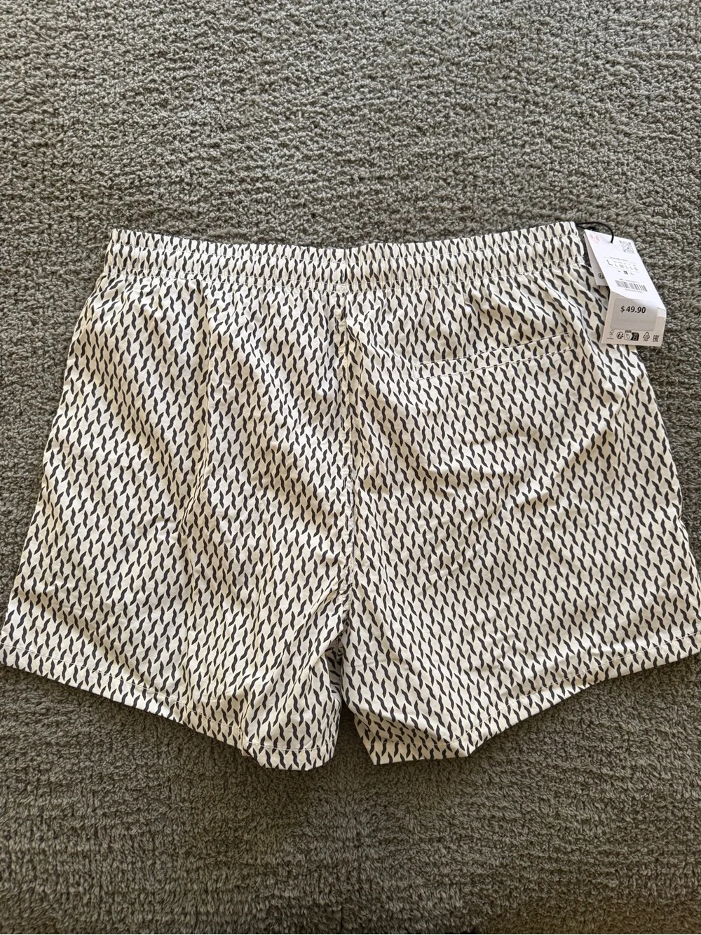 Zara Men’s Cream Swim Trunks with Black Geometric Print